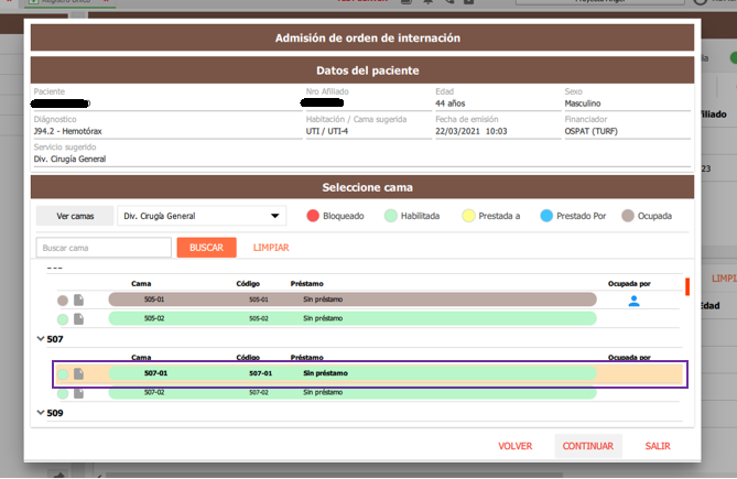 camas disponibles, seleccion