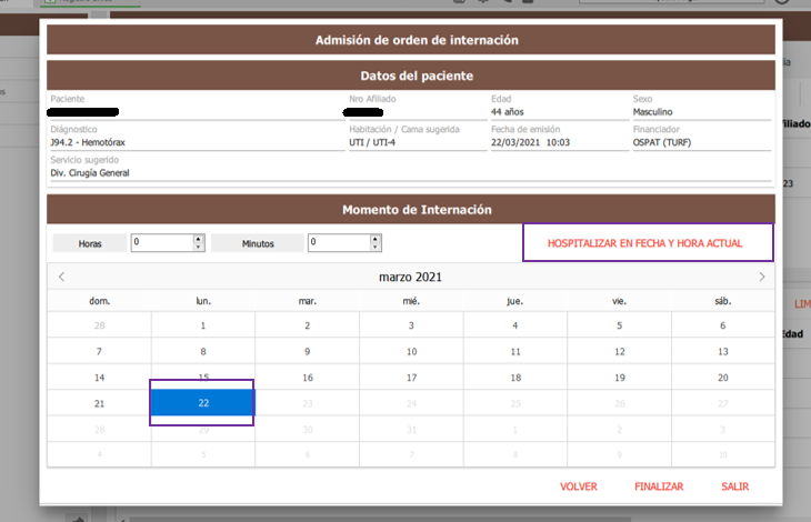 hospitalizar en fecha y hora actual