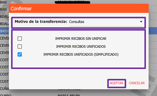 motivo de transferencia, impresion