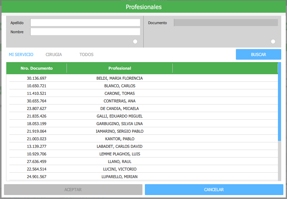 profesionales y funciones