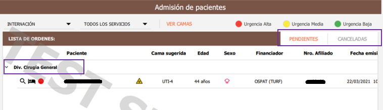 servicio, pendientes o canceladas