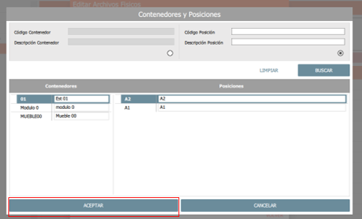 seleccionar caja y posicion, "aceptar"