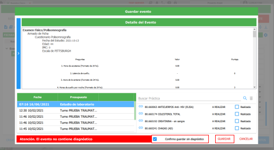 guardar evento sin diagnostico