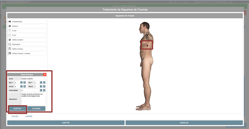 marcar las lesiones y aceptar