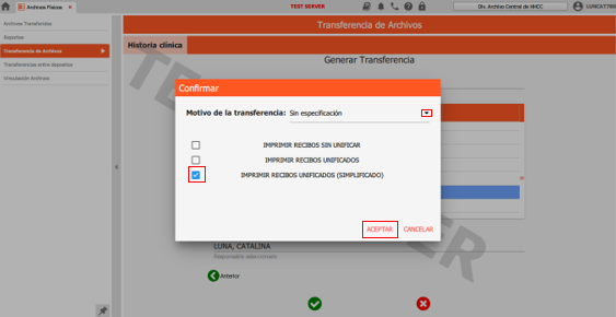 confirmar y seleccionar motivo
