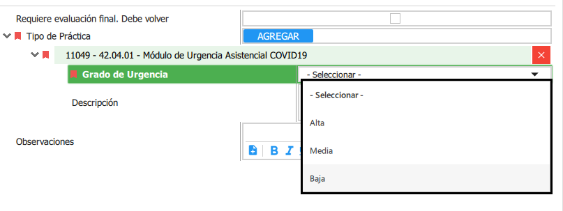 grado de urgencia y observaciones